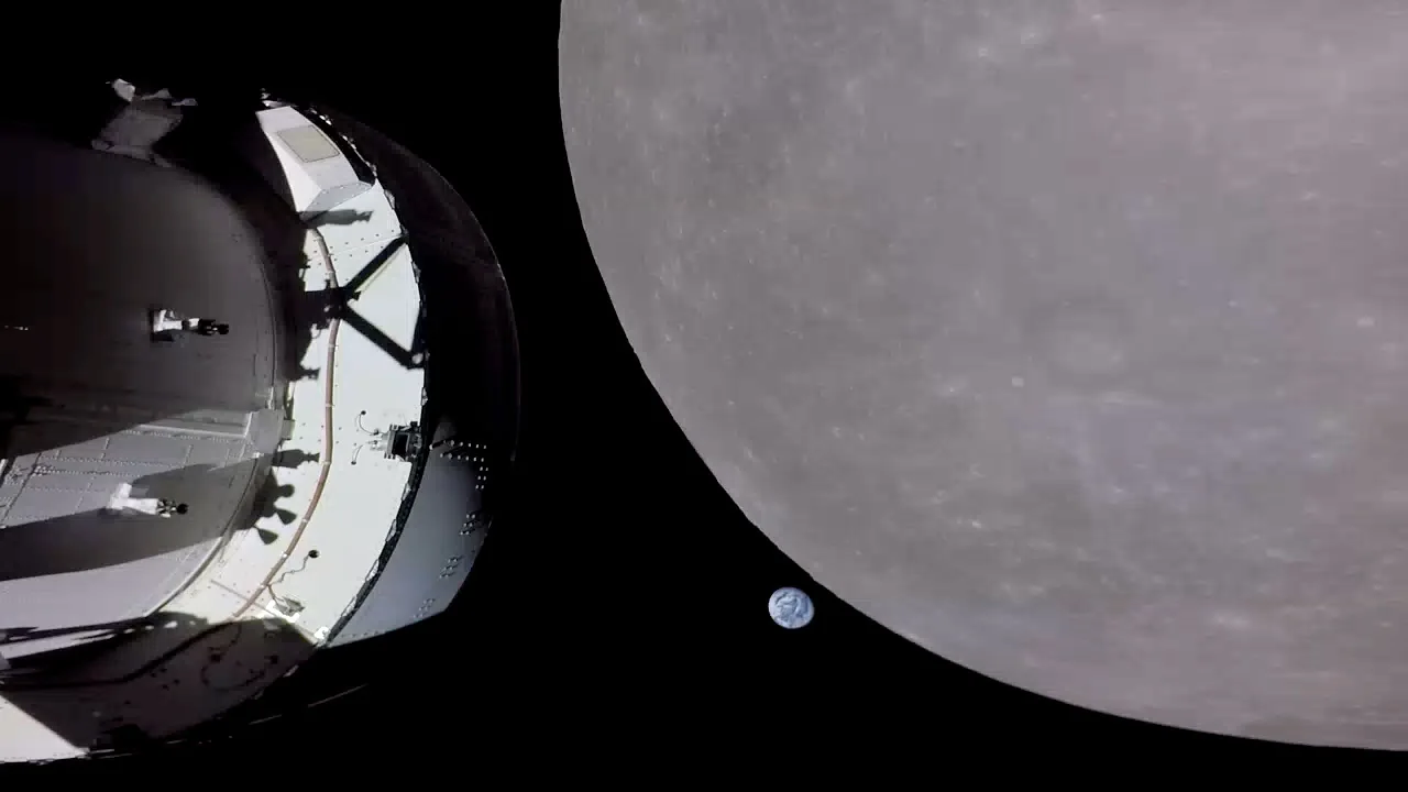 Orion beside the Moon during Artemis I, with Earth in the distance