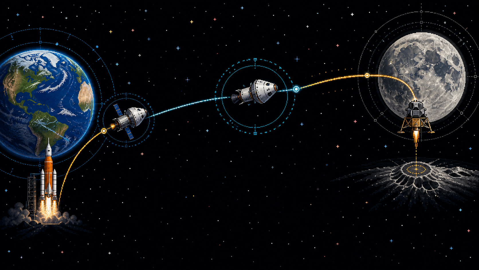 Pixel-art mission map showing SLS launching from Earth, Orion crossing cislunar space, and a lander descending toward the Moon