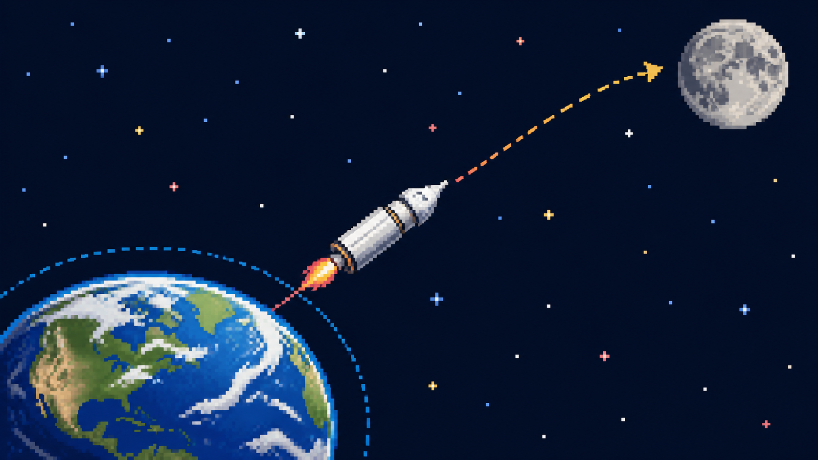 Pixel art of Orion leaving Earth orbit on a curved path toward the Moon